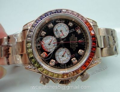 Replica Rolex Daytona Rainbow Watch Rose Gold Diamond Bezel Sapphire glass 1