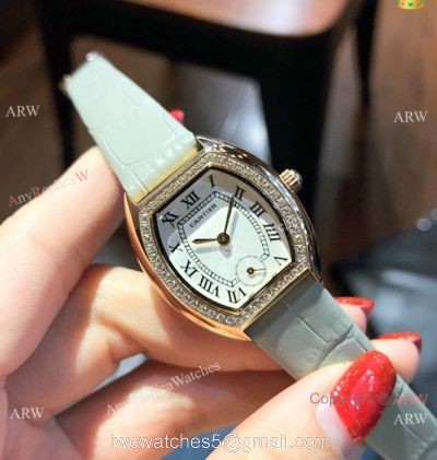 Low Price Cartier Rose Gold Gray Leather Band Ladies Watch 26mm 1