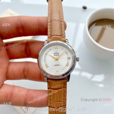 Clone Omega De Ville Prestige Ladies Watches Brown Leather Strap 1