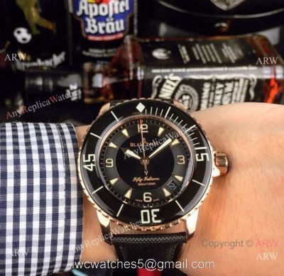 Swiss Quality Blancpain Fifty Fathoms Automatic Mens Watch Rose Gold Black Dial 1