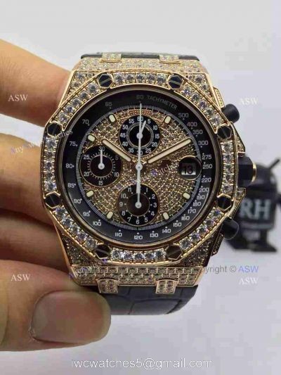 Replica Audemars Piguet Watch Rose Gold Case diamond dial diamond bezel Black Leather 1