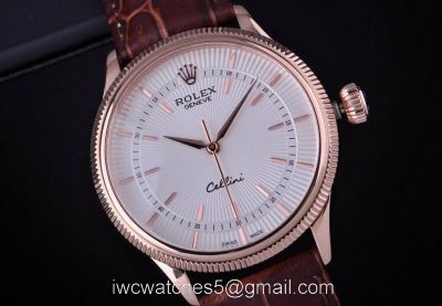 Rolex Cellini Time Rose Gold White Face Brown Strap Rolex Geneve Fake Watch 1