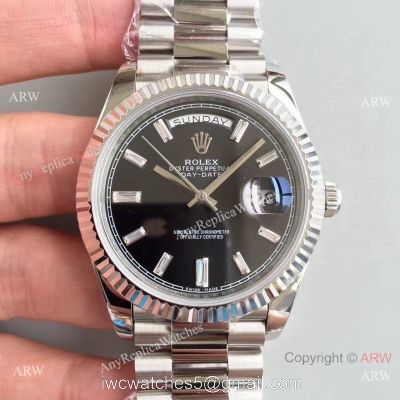 Rolex Day-Date II Watch Replica Stainless Steel Black Face Diamond Markers 1