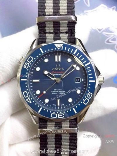 High Quality Omega James Bond Replica Watch SS Blue Dial Nato Strap 1