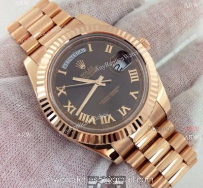 Replica Rolex Day Date II Watch Rose Gold Brown Roman Markers 1