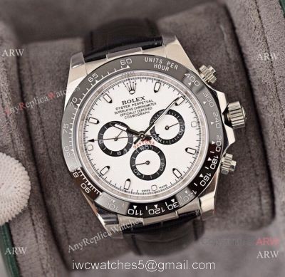 Best Quality Copy Rolex Daytona Watch White Dial Black Leather Strap 1