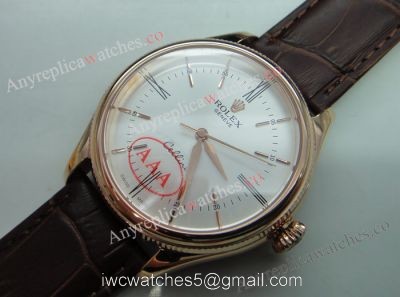 Replica Rolex Cellini Rose Gold White Face Brown Strap Watch 1