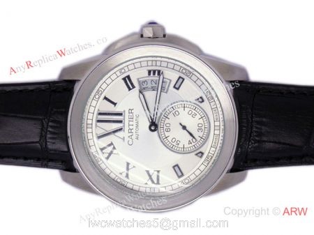 Cartier Calibre Divers Watch: SS White Dial Black Leather Replica Watch 1