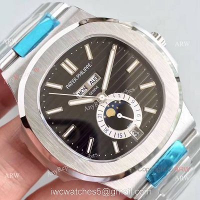 Swiss Grade Fake Patek Philippe Nautilus Watch Stainless Steel Black day date Moonphase 1