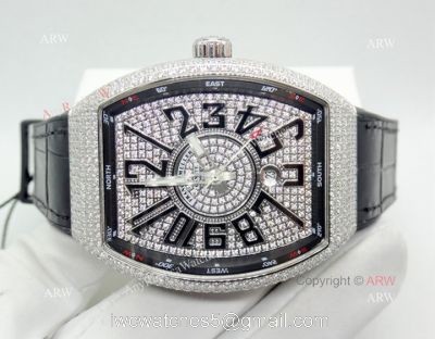 2019 Replica Franck Muller Vanguard Iced Out Full Diamond Watch Silver Case 1