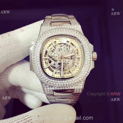 Copy Patek Philippe Nautilus Ice Out Watch Stainless Steel White Hollow 1