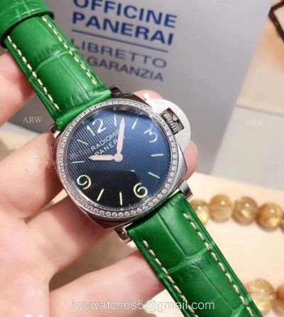 Radiomir Panerai Womens Watch SS Diamond Bezel Green Leather strap 1