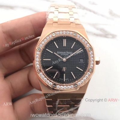 JH Copy Audemars Piguet Royal Oak Automatic Extra Thin Watch Rose Gold Diamond Bezel 1
