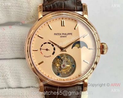Swiss Grade Patek Philippe Power Reserve Watches Rose Gold Brown leather Strap 1