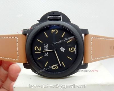 Replica Panerai Luminor Black Dial Brown Leather Strap Watch W Panerai Luminor Base Logo 1