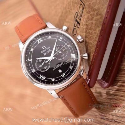 Fake Omega De Ville Chronograph Watches SS Brown Leather Strap 1
