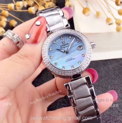 Omega Replica Watches De Ville Ladymatic SS Blue MOP Dial Diamond Bezel Ladies Watch 1