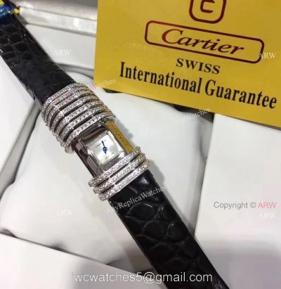 Cartier Small Silver Dial With Diamonds Replica Watches Black Leather Band 1