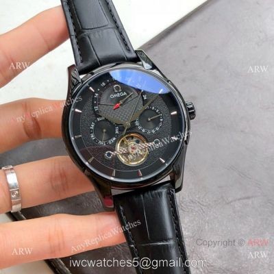 Replica Omega Tourbillon All Black Leather Strap Watches 43mm 1