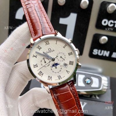 Best Replica Omega Complications Moonphase Watches SS Brown Leather Strap 1