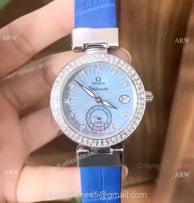 Women Omega De Ville Ladymatic Replica Watch SS Blue Diamond 1