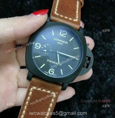 Clone Panerai Luminor GMT PAM 320 Black Steel Watch with Brown Leather Strap 1