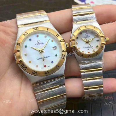 Replica Omega Constellation Quartz Watch Two Tone White MOP Face Omega Couple Watch 1