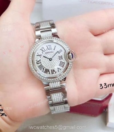 Fake Cartier Ballon Bleu Ice Out Watches 33mm Stainless steel Roman Dial 1