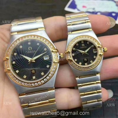Replica Omega Constellation Diamond Bezel Two Tone Omega Couple Watch 1