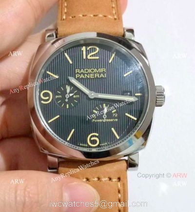 Copy Panerai Radiomir Power Reserve Watch SS Black Stripe Dial with Brown Leather Band 1