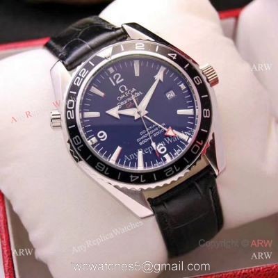 Copy Omega Seamaster GMT 45mm Watches SS Black Leather Strap 1