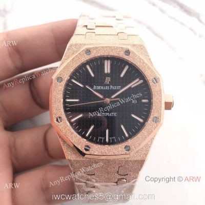 JF Factory Newest Replica Audemars Piguet Frosted Rose Gold Black Dial Wrist Watch 1