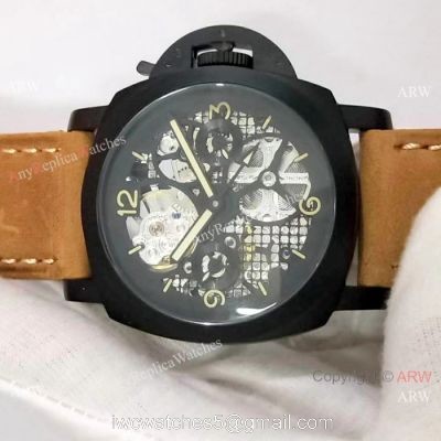 Best Quality Panerai Black Hollow Watch 47mm Brown Leather Strap 1