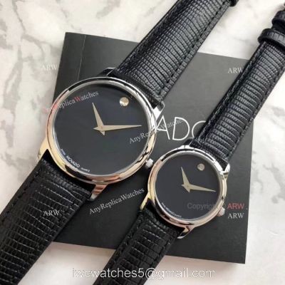 New Replica MOVADO Quartz Lovers Watch SS Black Leather Strap 1