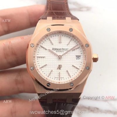 New Style Replica Audemars Piguet Extra Thin Watch Brown Leather Strap White Dial 1