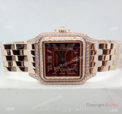 Panthere De Cartier Replica Watches Rose Gold Dark Red Dial 1