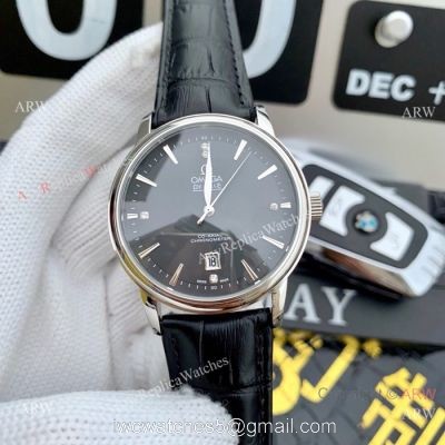 Clone Omega De Ville SS Black Leather Strap Watches 42mm 1