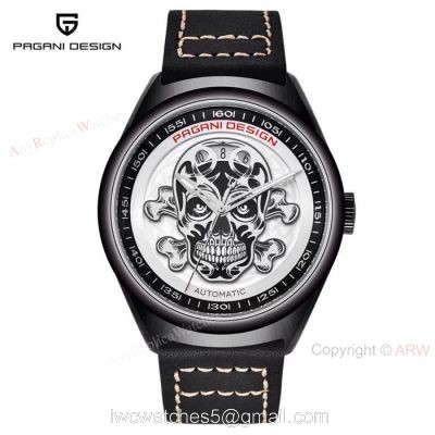 Pagani Design PVD Black Steel Watch White Skull Face 1