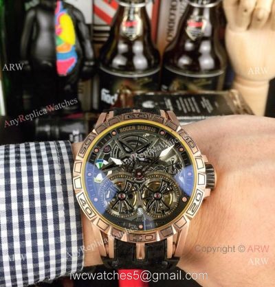 Best Replica Roger Dubuis Excalibur Double Tourbillon Watch Rose Gold Skeleton Face 1
