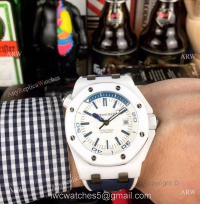 Swiss 3120 Audemars Piguet Royal Oak Offshore Divers White Ceramic Blue Rubber Watch New Replica 1