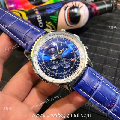 Copy Breitling Navitimer world GMT Chrono Watch Blue Dial Blue Leather Strap 1