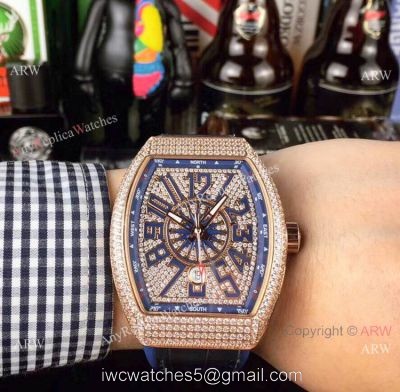Swiss Quality Franck Muller Vanguard Yachting v45 Watch Rose Gold Diamond Blue Gummy strap 1