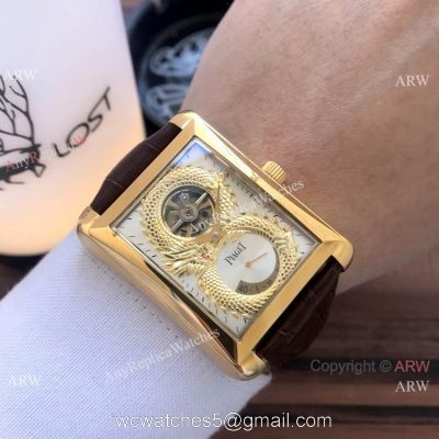2019 Copy Piaget Black Tie Dragon watches Gold Case Brown Strap 1