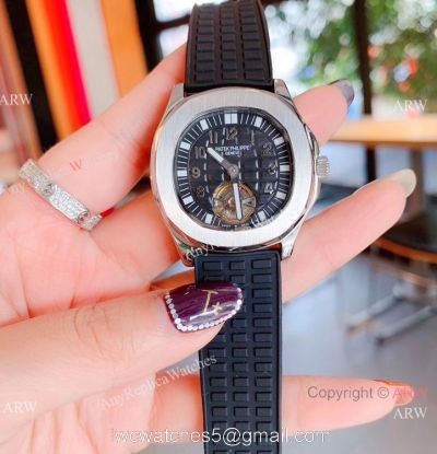 Copy Patek Philippe Tourbillon Black Rubber Strap Watches Women Size 1