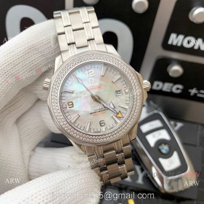 Swiss 8500 Omega Seamaster Copy Watch SS Diamond bezel White MOP Dial 1