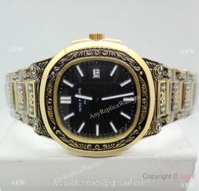 2019 Copy Patek Philippe Engraving Nautilus Watches Yellow Gold Black Dial 1