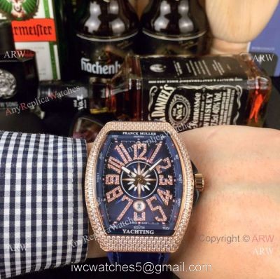 Swiss Copy Franck Muller Iced Out Rose Gold Blue Dial Watch Vanguard Yachting V45 Collection 1