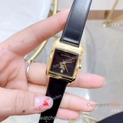 Copy Burberry 25mm women Watches Gold Case Black Leather Band 1