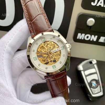 Rolex Geneve Cellini Replica Watch Tourbilln Face Brown Leather Strap 1