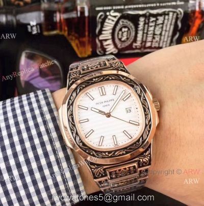 Clone Patek Philippe Nautilus White Face Rose Gold Tattoo Watch 40mm 1